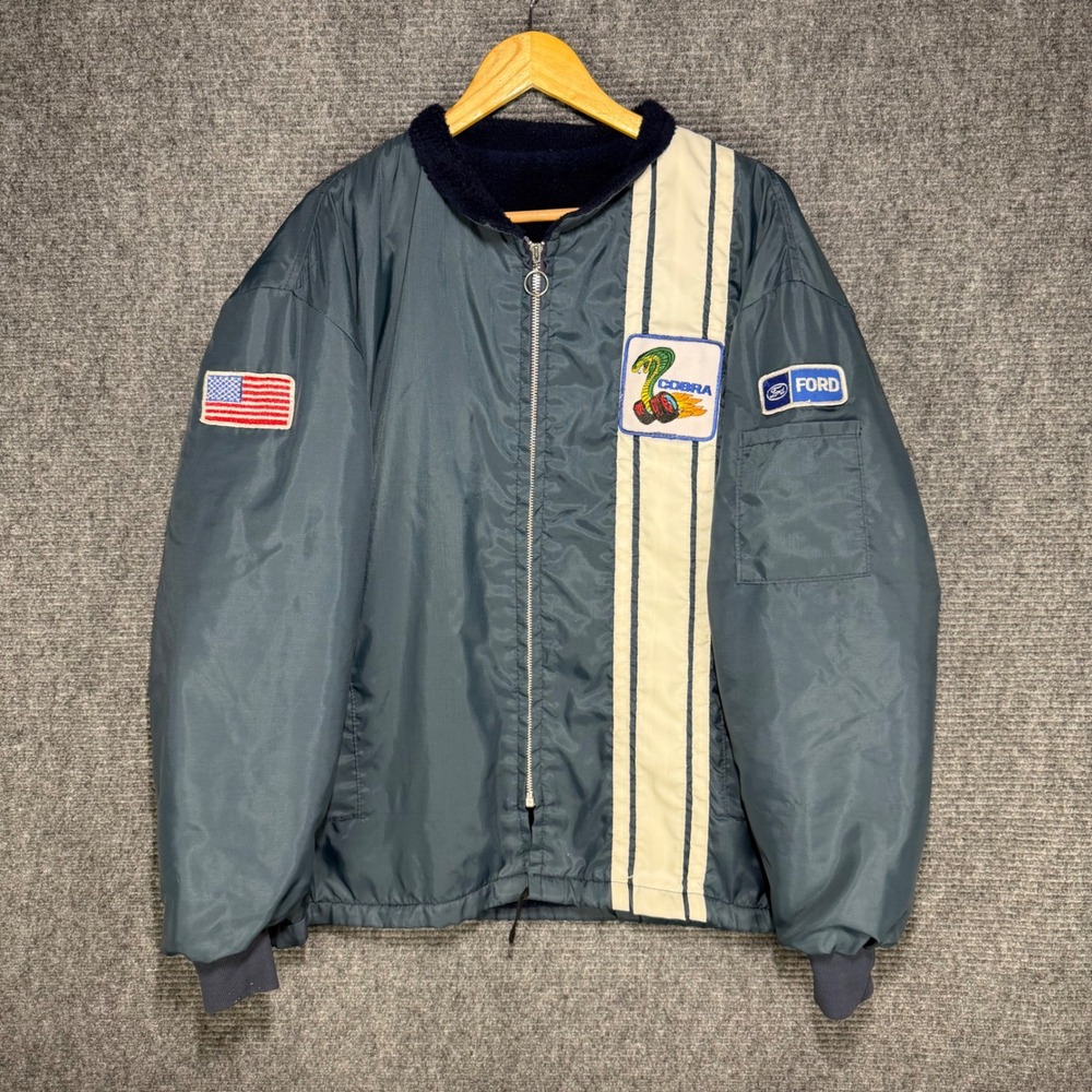 Vintage Ford Cobra Racing Jacket Blue Nylon Fleece Lined Bomber XXL Patch USA